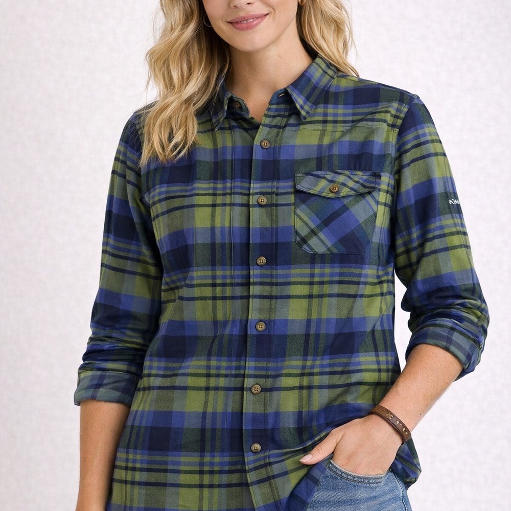 Flannel Bottom Down Colombia Blue And Green Hiking, Outdoors, Cotton Shirt XL